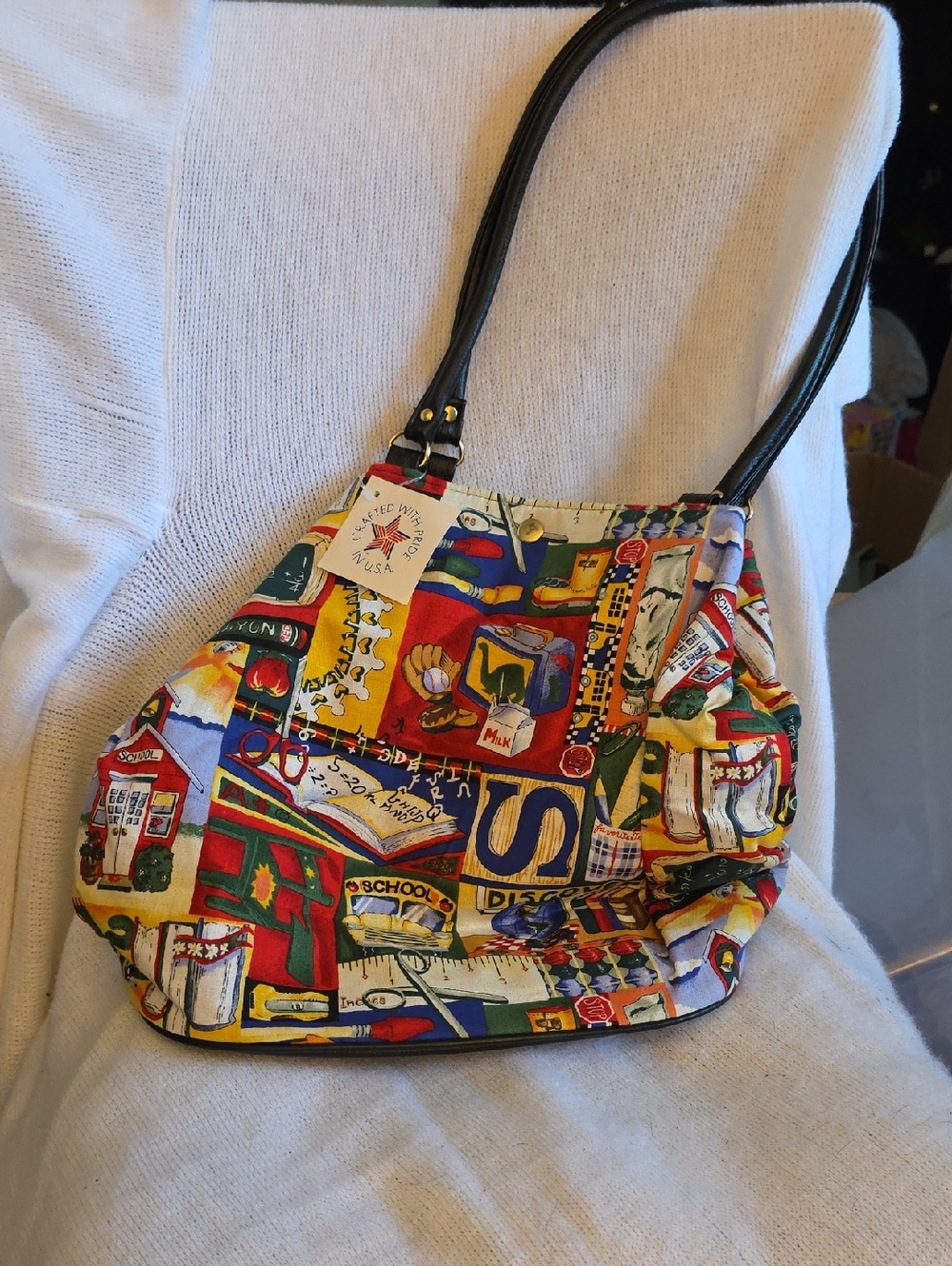Colorful Teacher Multi-Print Women's Tote Bag with Black Handles.   NWT